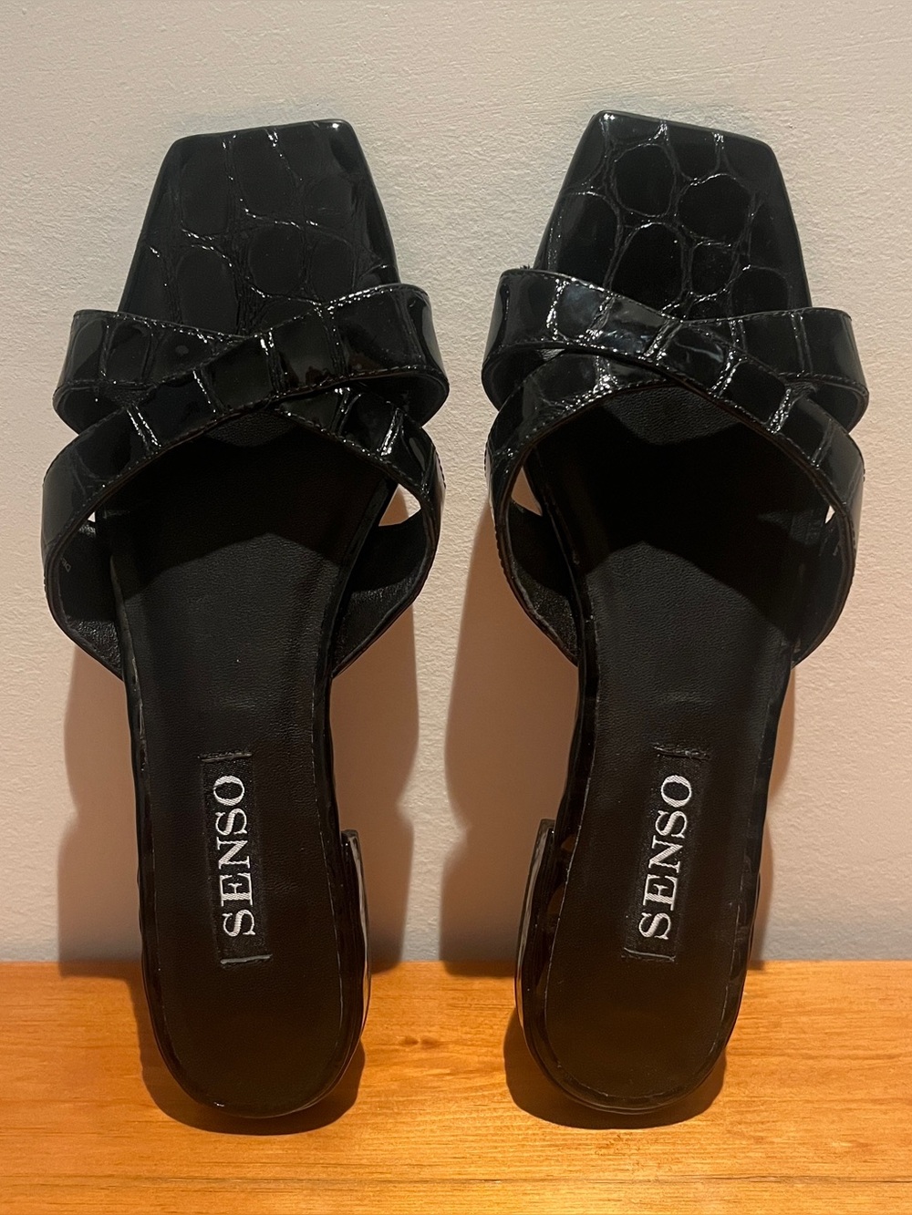 REVOLVE brand SENSO Black Croc-Embossed Square-Toe Slide Mules